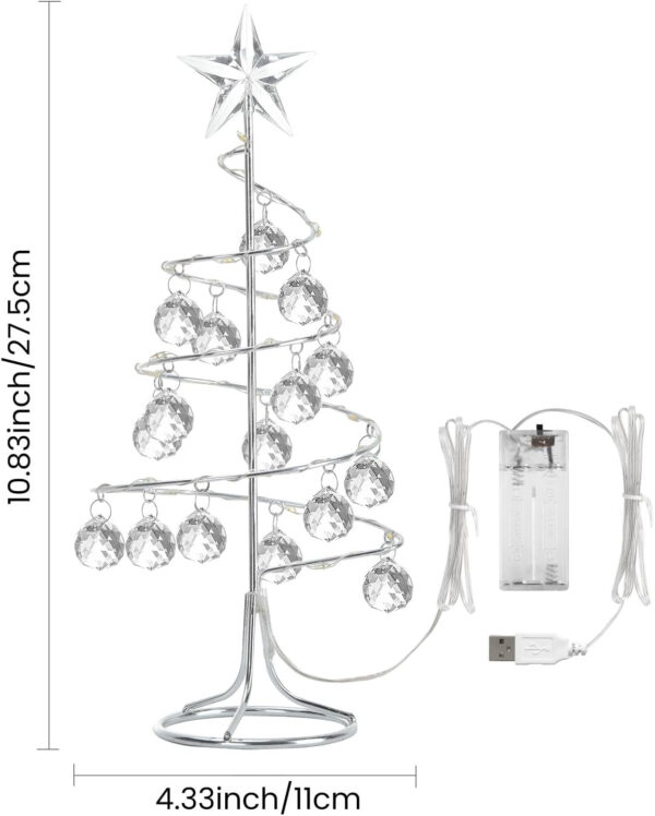 Lewondr Lámpara de Árbol de Navidad Espiral, 27cm Luz Led a Pilas/USB con Estrella Brillante y Bolas de Plástico, Lámpara Decorativa de Mesa Adorno Romántico para Fiesta Comedor Dormitorio Boda, Plata - Imagen 8