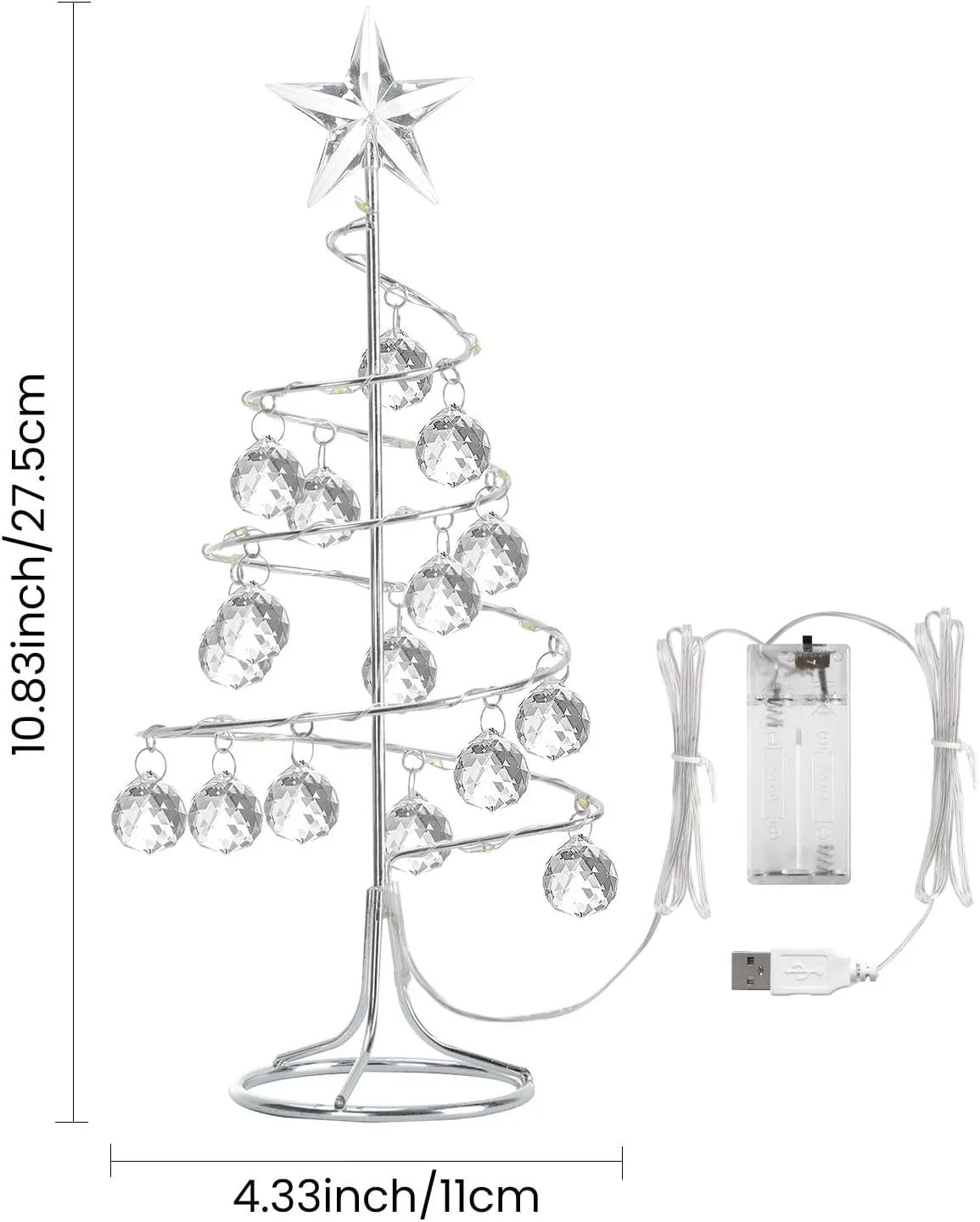 Lewondr Lámpara de Árbol de Navidad Espiral, 27cm Luz Led a Pilas/USB con Estrella Brillante y Bolas de Plástico, Lámpara Decorativa de Mesa Adorno Romántico para Fiesta Comedor Dormitorio Boda, Plata - Imagen 7