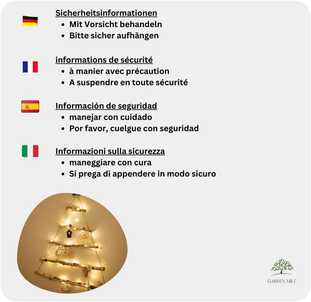 HomeZone Escalera colgante de madera LED rústica de 82 cm con luces y decoraciones para ahorrar espacio Árbol de Navidad, luces de hadas para montar en la pared D.I.Y estilo vintage escandinavo - Imagen 2
