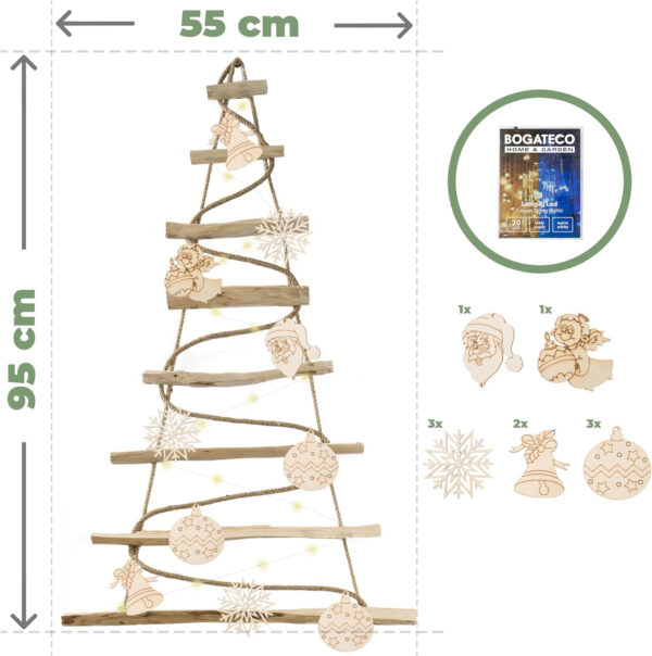 BOGATECO Árbol de Navidad hecho a mano de 95 cm de alto con decoraciones, de madera de avellana, colgante decorativo, con luces LED de 200 cm, placas de madera unidas a una cuerda de yute con un - Imagen 3