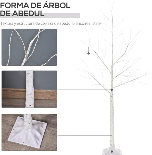 Outsunny Árbol de Abedul 150 cm de Altura con 210 Luces LED en Blanco Cálido Ramas Flexibles y Base para Decoración de Fiestas Cumpleaños Bodas 20x20x150 cm Blanco - Imagen 4