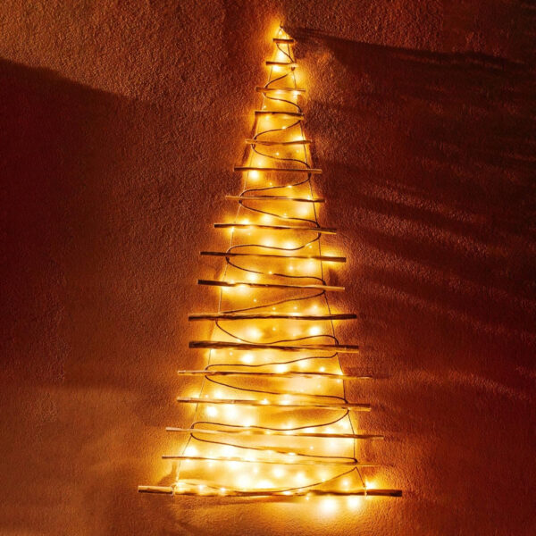 BOGATECO Árbol de Navidad hecho a mano, 205 cm de alto, de madera de avellana, colgante decorativo, con luces LED de 10 m, placas de madera unidas a una cuerda de yute con un grosor de 6 mm - Imagen 6