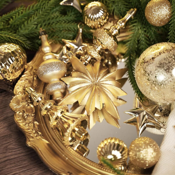 SHareconn Bolas de Navidad, 80 Unidades, 4-12,5 cm, Bolas Doradas de plástico irrompible para Adornos para árboles de Navidad, Decoraciones para Fiestas, con cordón para Colgar, Dorado Oscuro y Claro - Imagen 5