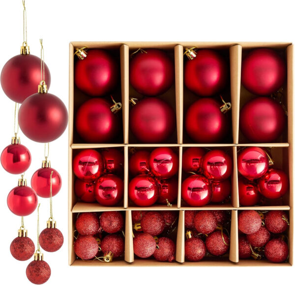 THE TWIDDLERS - Paquete de 50 Bolas de Navidad Rojo Rubí - Tamaños y Acabados Variados - 6cm, 4cm, 3cm - Adornos Mate, Brillantes y con Brillo para Decoraciones de Árbol de Navidad