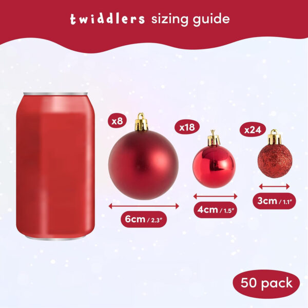 THE TWIDDLERS - Paquete de 50 Bolas de Navidad Rojo Rubí - Tamaños y Acabados Variados - 6cm, 4cm, 3cm - Adornos Mate, Brillantes y con Brillo para Decoraciones de Árbol de Navidad - Imagen 5