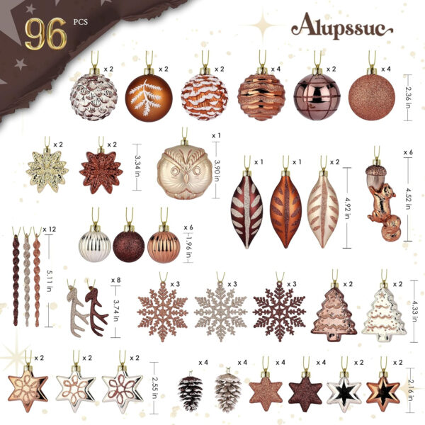 Alupssuc Juego de Bolas de Navidad de 96 Piezas, Ardilla del Bosque, Bolas Doradas de plástico irrompibles para decoración de árbol de Navidad, decoración de Fiesta navideña, con cordón, Bronce Dorado - Imagen 4