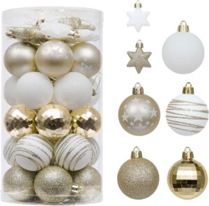 Valery Madelyn Bolas de Navidad Elegante Blanco y Dorado, Adornos de Bolas Plásticas Infrangibles, para la Decoración del Árbol de Navidad (Juego de 35, 5cm)