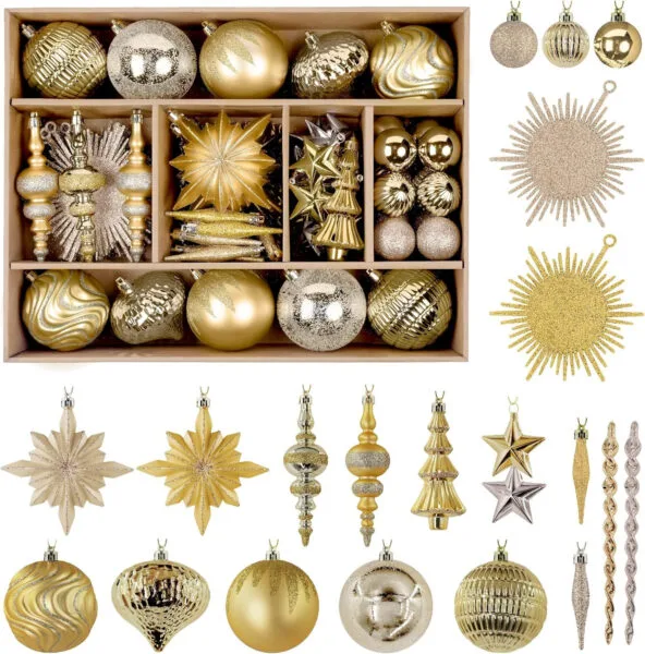 SHareconn Bolas de Navidad, 80 Unidades, 4-12,5 cm, Bolas Doradas de plástico irrompible para Adornos para árboles de Navidad, Decoraciones para Fiestas, con cordón para Colgar, Dorado Oscuro y Claro