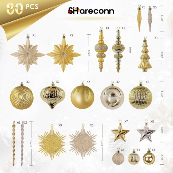 SHareconn Bolas de Navidad, 80 Unidades, 4-12,5 cm, Bolas Doradas de plástico irrompible para Adornos para árboles de Navidad, Decoraciones para Fiestas, con cordón para Colgar, Dorado Oscuro y Claro - Imagen 10