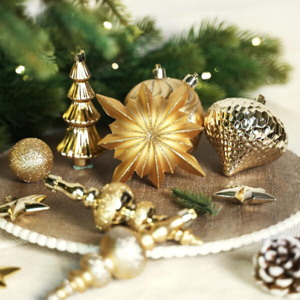 SHareconn Bolas de Navidad, 80 Unidades, 4-12,5 cm, Bolas Doradas de plástico irrompible para Adornos para árboles de Navidad, Decoraciones para Fiestas, con cordón para Colgar, Dorado Oscuro y Claro - Imagen 11