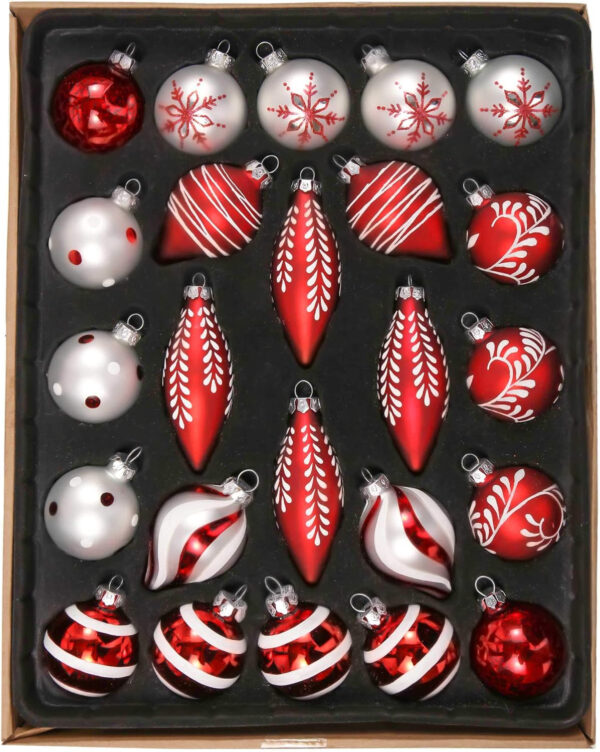 VALERY MADELYN 24pcs Bolas de Navidad de Vidrio de 4.5-10cm, Adornos de Navidad para Árbol de Vidrio de Rojo y Blanco, Bolas de Navideños Decoración para Colgante (Tradicional)