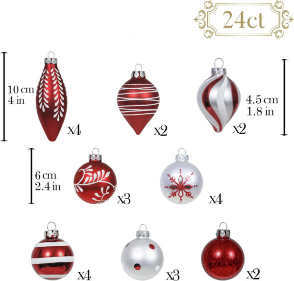 VALERY MADELYN 24pcs Bolas de Navidad de Vidrio de 4.5-10cm, Adornos de Navidad para Árbol de Vidrio de Rojo y Blanco, Bolas de Navideños Decoración para Colgante (Tradicional) - Imagen 7