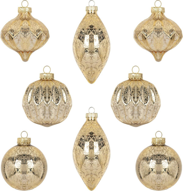 KI Store Bolas de cristal doradas para árbol de Navidad, bolas de Navidad de mercurio, bolas doradas colgantes para árbol de Navidad, 8 unidades de bolas y gotas