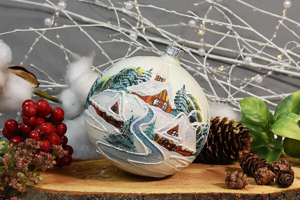 VITBIS Bola de Cristal para decoración de árbol de Navidad, Formas únicas de Bolas de Navidad, diámetro de 10 cm, en Color Blanco con Paisaje de montaña de Invierno, Decorada a Mano, Pintada a Mano, - Imagen 4