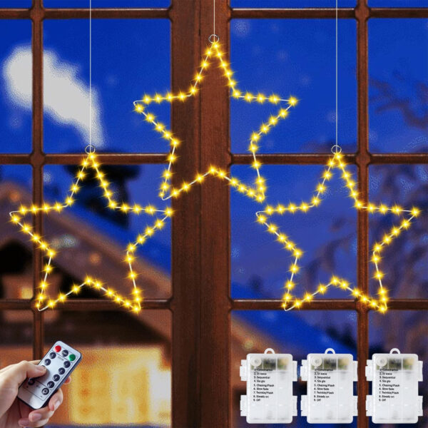 Gizmify Luces Navidad Estrellas, 3 Pack 120 LED Cortina Luces Navidad a Pila con Temporizador, 8 Modos, Control Remoto, Luces de Decoración para Interior Exterior Navidad, Fiesta, Balcón