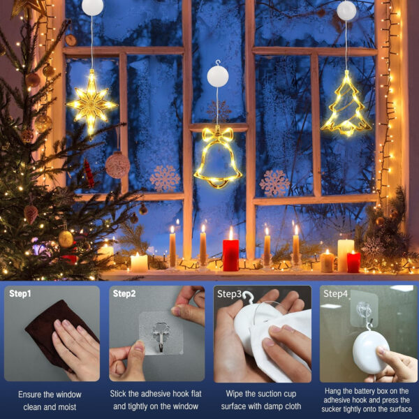 PhilzOps Luces de Navidad Decoración, 3 Piezas 10 LED Luces Hadas de Ventana Blanco Cálido Batería Árbol de Navidad & Campana & Estrella del Norte Cortina de Luces para Interior Exterior Fiesta Casa - Imagen 6