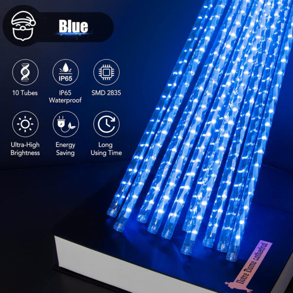 Luces de Navidad Lluvia, Luces Led Navidad Lluvia Meteoritos AUINSKY de 50 cm, 10 Tubos, 480 Led, Luces de Navidad Exterior Cascada Adecuada para Navidad, Decoración de Jardín (Azul) - Imagen 3