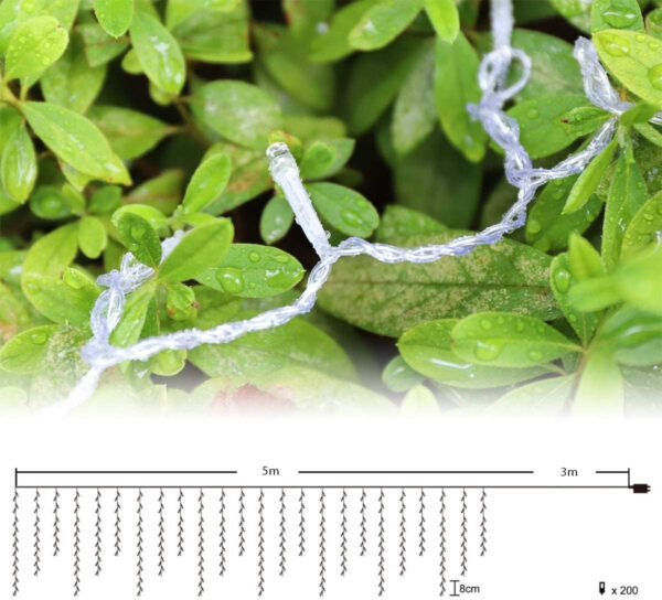 SALCAR Cortina de luces LED de 5M + cable de alimentación de 3M, cadena LED decorativa con 200 LED a prueba de agua - blanco cálido [Clase de eficiencia energética A++] - Imagen 8