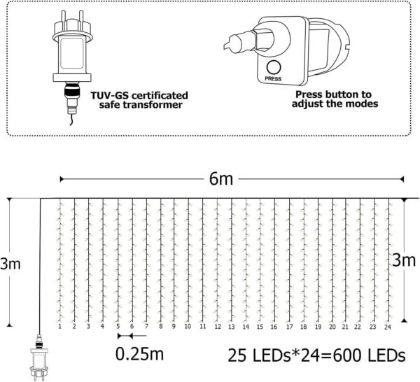 BESCOST Cortina de Luces, 6x3m Guirnaldas Luces Exterior, Cadena de Luces 600 LEDs, 8 Modos de Luz, Impermeable Cortina LED para Navidad, Boda, Fiesta, Ventana, Balcón, Jardín - Imagen 3