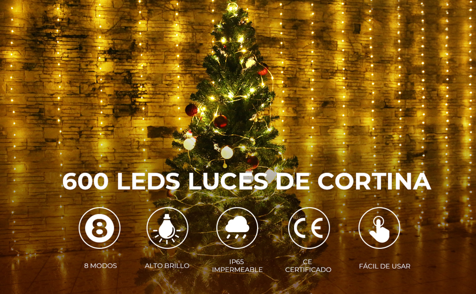 BESCOST Cortina de Luces, 6x3m Guirnaldas Luces Exterior, Cadena de Luces 600 LEDs