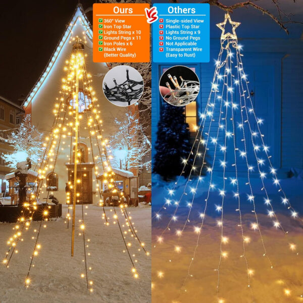 Joomer Luces Arbol Navidad con Estrella, 450 LED Luces de Navidad con 2.1M x10 Guirnaldas, 8 Modos Impermeable Blanco Cálido Cadena de Guirnalda Luces Navidad para Árbol de Navidad Jardín Festival - Imagen 7