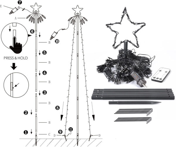 Joomer Luces Arbol Navidad con Estrella, 450 LED Luces de Navidad con 2.1M x10 Guirnaldas, 8 Modos Impermeable Blanco Cálido Cadena de Guirnalda Luces Navidad para Árbol de Navidad Jardín Festival - Imagen 9