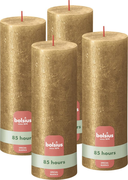 BOLSIUS - Rustic Shimmer Pillar Candle - Gold - 19 cm - Pack of 4 - Dripless - Scented Candles