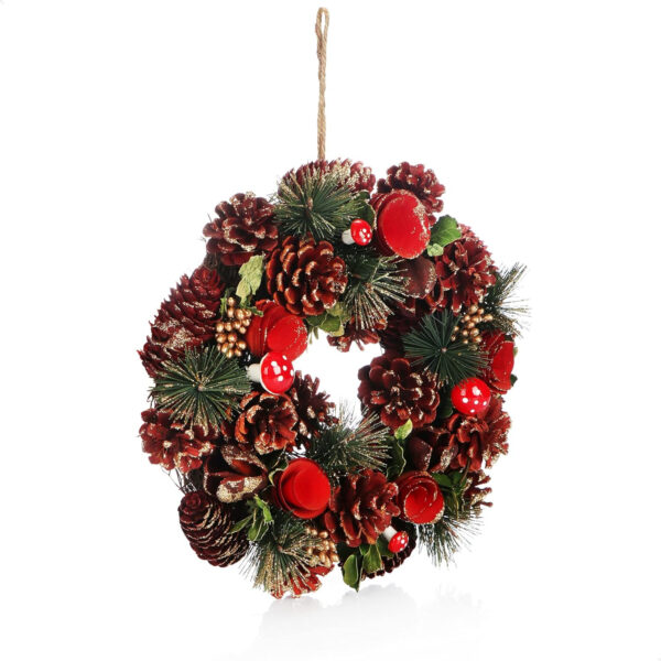 com-four® Corona de Puerta -Corona de Adviento con Flores Rojas y Hongos - Decoración de Mesa para Navidad -Hecha a Mano (Corona de adviento Flor roja - L) - Imagen 4