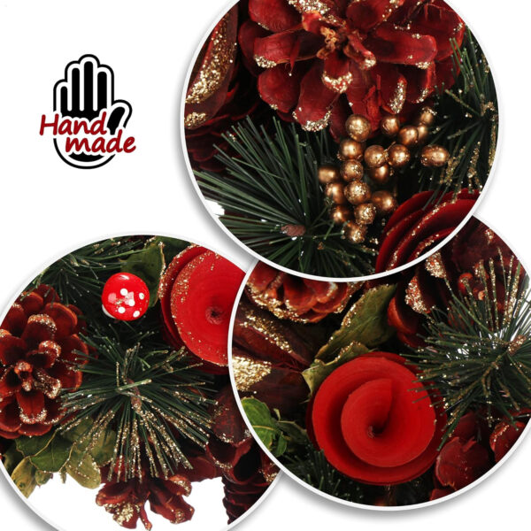 com-four® Corona de Puerta -Corona de Adviento con Flores Rojas y Hongos - Decoración de Mesa para Navidad -Hecha a Mano (Corona de adviento Flor roja - L) - Imagen 5