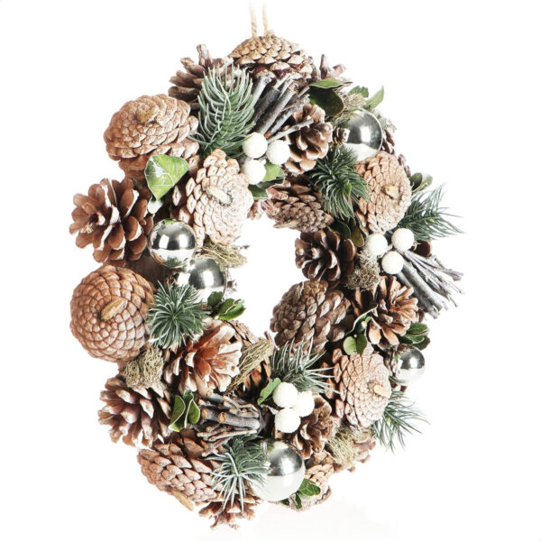 com-four® Corona de Puerta de Navidad - Corona de Adviento con piñas y Bolas de árbol de Navidad - Corona Decorativa - Decoración navideña (Bolas Plateadas + Blancas) - Imagen 5