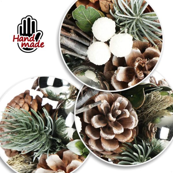 com-four® Corona de Puerta de Navidad - Corona de Adviento con piñas y Bolas de árbol de Navidad - Corona Decorativa - Decoración navideña (Bolas Plateadas + Blancas) - Imagen 6