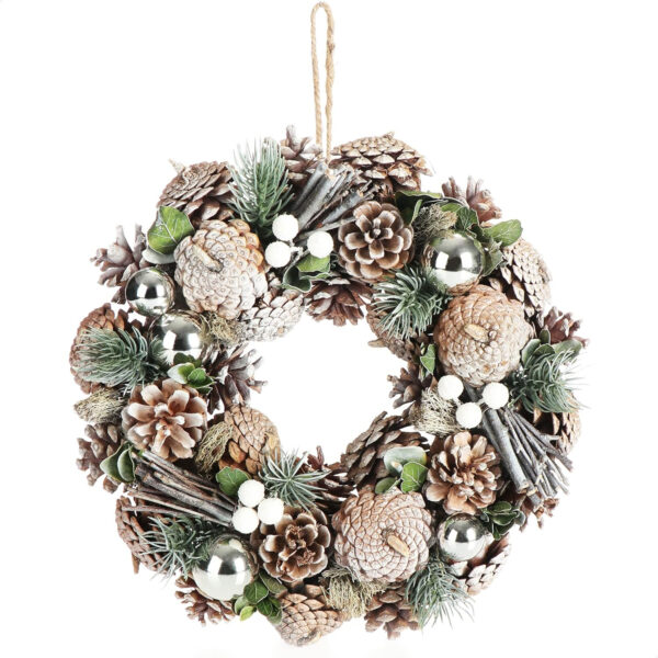 com-four® Corona de Puerta de Navidad - Corona de Adviento con piñas y Bolas de árbol de Navidad - Corona Decorativa - Decoración navideña (Bolas Plateadas + Blancas)