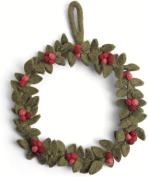 Én Gry & Sif Corona de puerta, hecha a mano y comercio justo, corona de fieltro, decoración escandinava para otoño, invierno, Navidad, corona de Navidad, color verde oscuro con bayas rojas, 18 cm