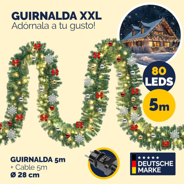 Casaria Guirnalda de Navidad Abeto 5m 80LEDs Blanco Cálido Incluye Decoración Navideña Interior Exterior - Imagen 3