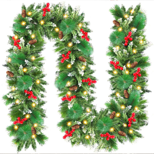 Guirnalda de Navidad 2,7 m (9 pies), Corona de Navidad Artificial con LED, con Piñas, Guirnalda Navidad de Iluminación, para Puerta Chimeneas, Escaleras, Patio, Adorno de Navidad (Verde) - Imagen 2