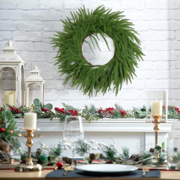 Dremisland 65cm Grande Corona Navidad de Puerta Pino Norfolk Artificial Guirnalda Navideña Decoración Corona de Puerta Delantera para Balcón Adornos de Fiesta - Imagen 3