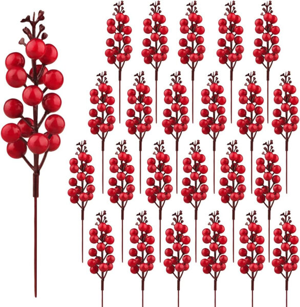 24 Piezas Decoración de Bayas Rojos, Palillos Artificiales de Acebo - Ramas para el árbol de Navidad - Tallos para Temporada de Vacaciones de Invierno