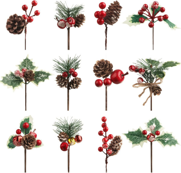 12 Piezas Bayas de Navidad, Ramas de Pino Artificiales Adornos Navideños Arbol con Bayas Rojas Conos de Pino y Bayas de Acebo para Artesanía de Envoltura de Regalos Decoración de Coronas de árboles