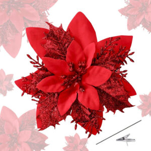 Roqueen 15 Piezas 14CM Flores Artificiales de Navidad Poinsettia Parpadeo con Clips Tallos Árbol de Navidad Adornos para Guirnalda Fiesta Boda Año Nuevo Decoración (Rojo)