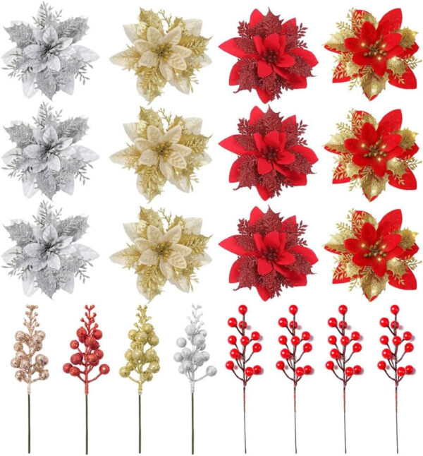 Anyingkai Flores para Arbol de Navidad,Flores Artificiales de Navidad,Flores de Pascua para Arbol de Navidad,Navidad Adornos para Guirnalda Fiesta Boda Año Nuevo Decoración