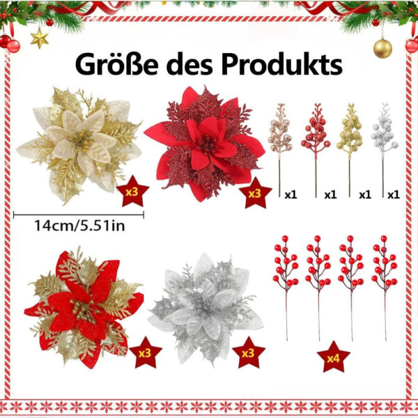 Anyingkai Flores para Arbol de Navidad,Flores Artificiales de Navidad,Flores de Pascua para Arbol de Navidad,Navidad Adornos para Guirnalda Fiesta Boda Año Nuevo Decoración - Imagen 3