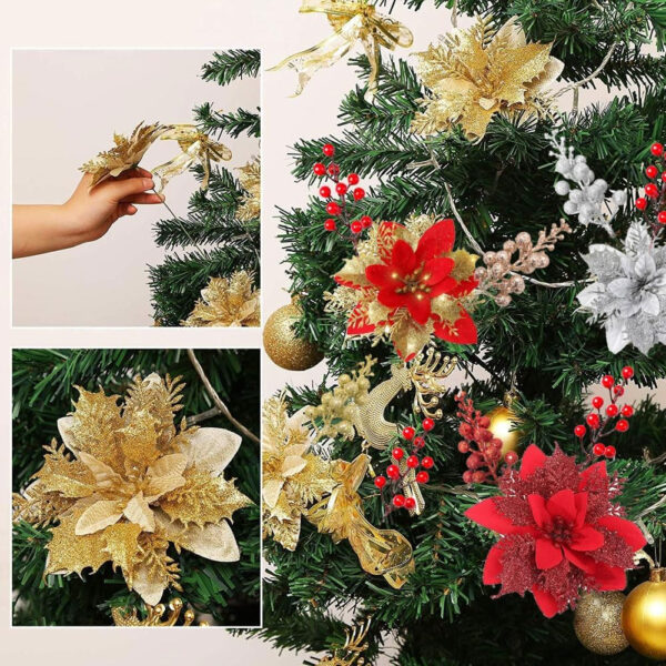 Anyingkai Flores para Arbol de Navidad,Flores Artificiales de Navidad,Flores de Pascua para Arbol de Navidad,Navidad Adornos para Guirnalda Fiesta Boda Año Nuevo Decoración - Imagen 5