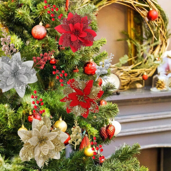 Anyingkai Flores para Arbol de Navidad,Flores Artificiales de Navidad,Flores de Pascua para Arbol de Navidad,Navidad Adornos para Guirnalda Fiesta Boda Año Nuevo Decoración - Imagen 6