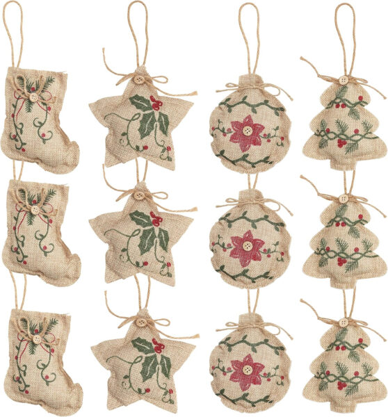 12 Piezas Adornos de Navidad de Arpillera Árbol Navidad 3 Piezas x 4 Formas Calcetines Navidad Árbol Bola y Estrella Adorno Navidad Colgante para Fiesta de Navidad - Decoraciones de Navidad