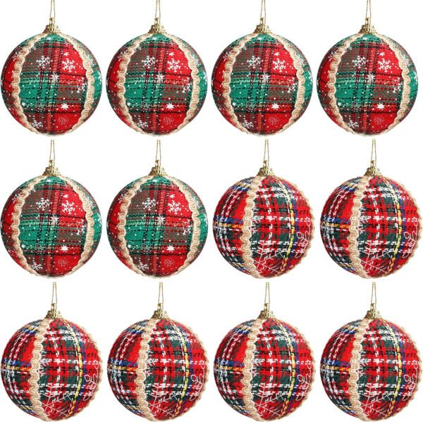 Belle Vous Bola Navidad (Pack de 12) Adornos Navidad 8 cm Bolas Verdes y Rojas a Cuadros con Cuerda — Decorar Árbol de Navidad — Adornos Navideños Colgantes para Fiestas Interior Exterior