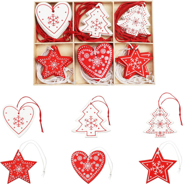 BELLE VOUS Adornos de Madera para Árbol de Navidad (30 Piezas) 6 Diseños x 5 Piezas Decoraciones de Navidad Corazón Rojo, Estrella, Árbol para Colgar con Cordel - Decorar Fiestas Navideñas