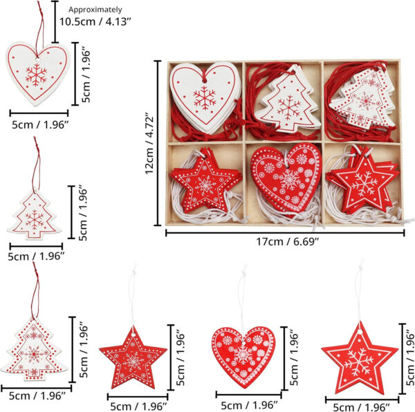 BELLE VOUS Adornos de Madera para Árbol de Navidad (30 Piezas) 6 Diseños x 5 Piezas Decoraciones de Navidad Corazón Rojo, Estrella, Árbol para Colgar con Cordel - Decorar Fiestas Navideñas - Imagen 3