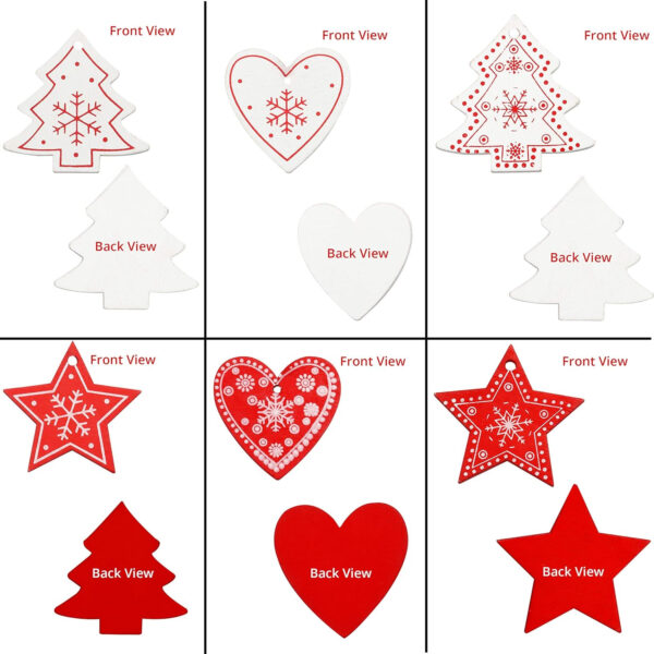 BELLE VOUS Adornos de Madera para Árbol de Navidad (30 Piezas) 6 Diseños x 5 Piezas Decoraciones de Navidad Corazón Rojo, Estrella, Árbol para Colgar con Cordel - Decorar Fiestas Navideñas - Imagen 4