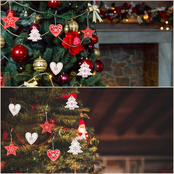 BELLE VOUS Adornos de Madera para Árbol de Navidad (30 Piezas) 6 Diseños x 5 Piezas Decoraciones de Navidad Corazón Rojo, Estrella, Árbol para Colgar con Cordel - Decorar Fiestas Navideñas - Imagen 6