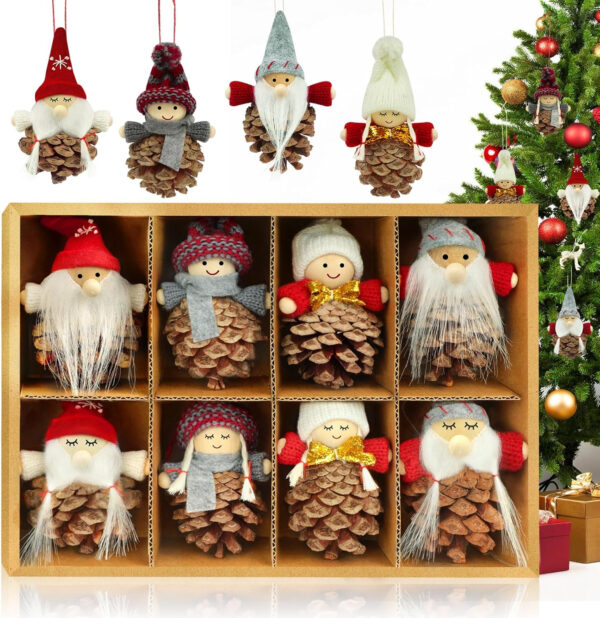 KAZATE Gnomo Adornos de Navidad, Duendes Colgante para Decoracion árbol de Navidad Regalos, 8 Piezas Linda Gnomo Naturales Piñas Muñecos Adornos Navideños para Arbol Manualidades